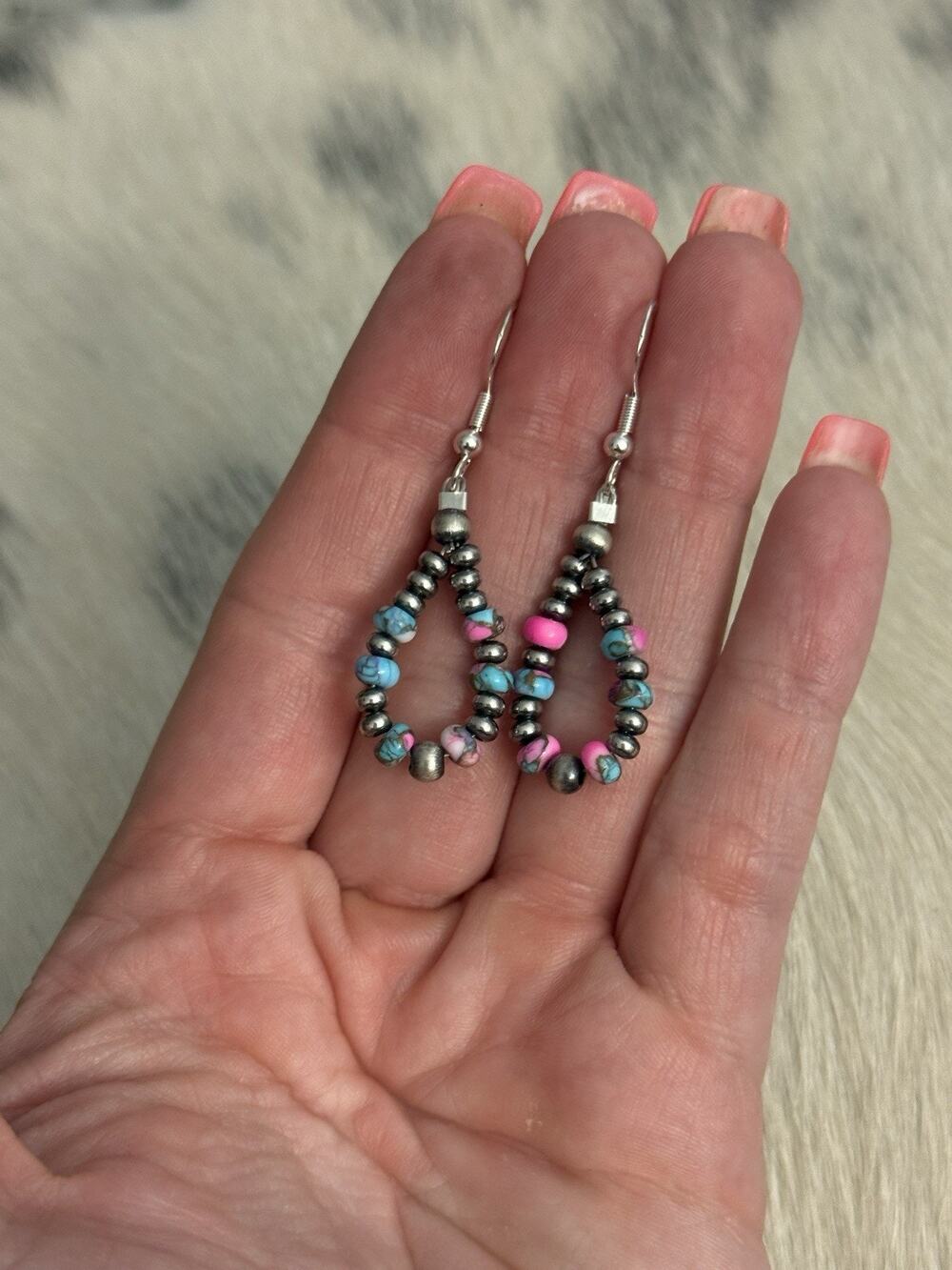 Navajo Pearl Sterling Silver Cotton Candy Dahlia Turquoise Rondelle Earrings